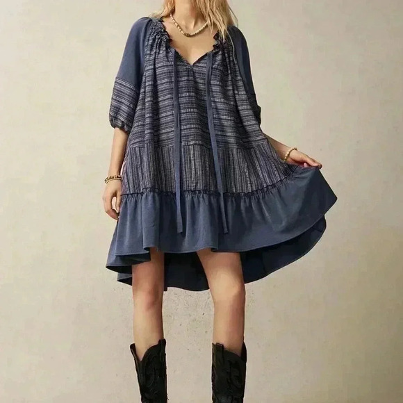 Dresses & Skirts - Multicolor Cute Women's Vacation Contrast Striped Ruffle Hem Tie Neck Dress